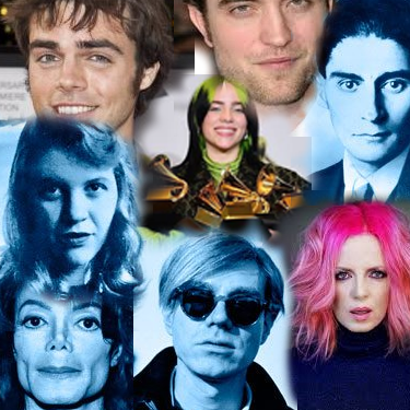 Famous people with BDD (Body Dysmorphia Disorder) including Billie Eilish, Reid Ewing, Robert Pattinson, Franz Kafka, Sylvia Plath, Andy Warhol, Michael Jackson and Shirley Manson