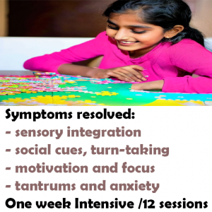 Anusha, 9, presented with ASD / autism spectrum disorder symptoms, including issues with sensory integration, social cues, turn-taking, motivation and focus, tantrums and anxiety, and resolved these with 12 neurofeedback sessions in a one week intensive with Daniel Webster