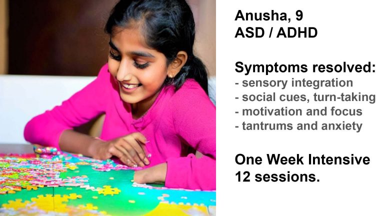 Anusha, 9, autism and ADHD, playing a complicated jig-saw puzzle after 12 sessions of neurofeedback training that were transformative in her development